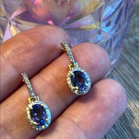 14k ema Jewelry - 14k Gold diamond tanzanite Drop Earrings. Oval Gemstones with diamond Pavé Halos